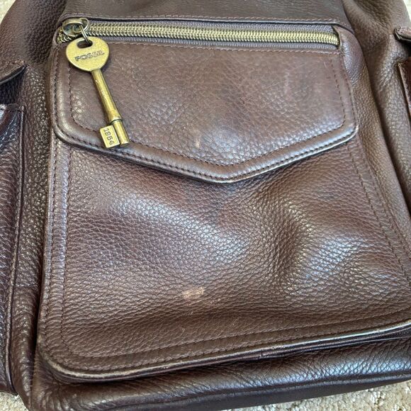 Fossil VTG Leather Backpack Brown Drawstring Boho Multi-pocket Key Charm 75082 - Picture 3 of 13